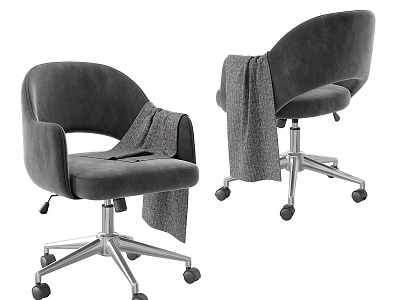 Gray Velvet Office Chair With Armrests Draped Blanket And Metal Base Wheels 3d model