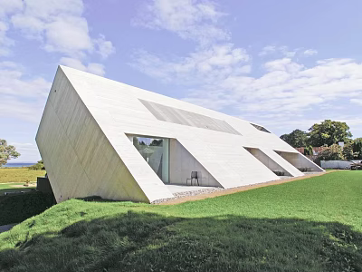 Modern Detached Villa With White Exterior Sloped Roof Large Windows And Green Lawn 3d model