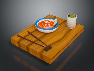 Wooden Tray With Red Soup Bowl Shrimp Chopsticks And Green Vegetable Cup 3d model