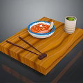 Wooden Tray With Red Soup Bowl Shrimp Chopsticks And Green Vegetable Cup