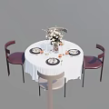 Modern Round Dining Table Set With White Tablecloth Tableware Wine Glasses And Decorative Flowers 3d model