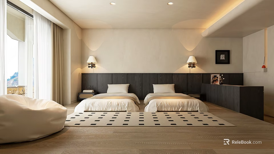 Hotel Room With Two Beds White Linens Dark Headboard And Black And White Geometric Rug 3d model 