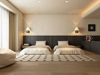 Hotel Room With Two Beds White Linens Dark Headboard And Black And White Geometric Rug 3d model