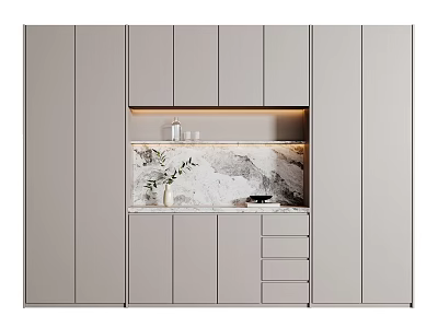 Light Gray Modern Wine Cabinet With Marble Countertop Built-in Lighting And Storage Drawers 3d model