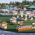 Vibrant Camping Site With Colorful Tents Palm Trees And Green Lawn