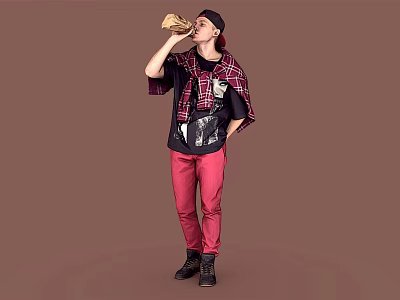 A Man Drinking Beverage In Black Top Red Pants And Plaid Shawl Against Brown Background 3d model
