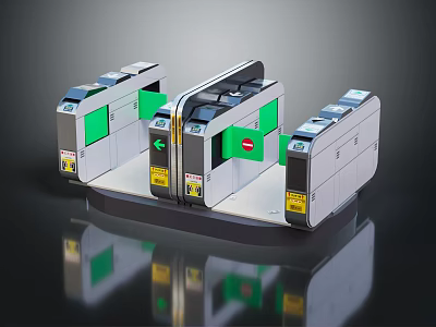 Modern Access Control Turnstiles with Metallic Frames Green Panels and Safety Indicators 3d model