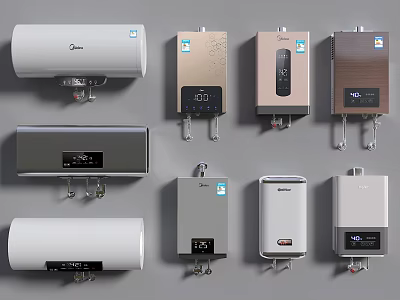Modern Electric And Gas Water Heaters With Various Designs And Temperature 3d model