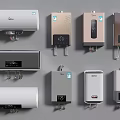 Modern Electric And Gas Water Heaters With Various Designs And Temperature