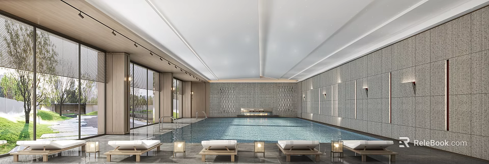 Modern Indoor Swimming Pool With Loungers Lighting And Large Windows 3d model 