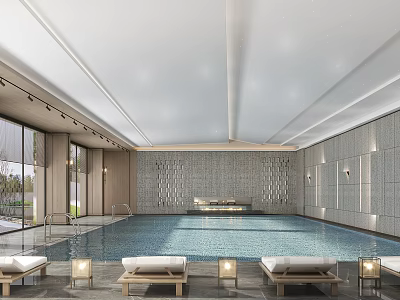 Modern Indoor Swimming Pool With Loungers Lighting And Large Windows 3d model