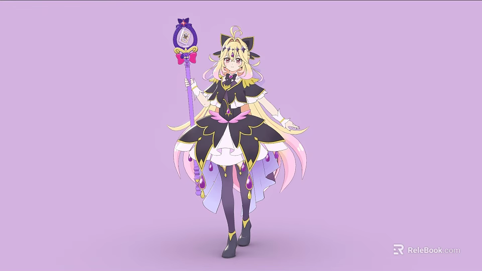Anime Woman In Elegant Black Pink Costume With Magic Wand And Long Hair 3d model 