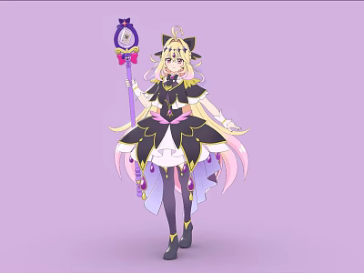 Anime Woman In Elegant Black Pink Costume With Magic Wand And Long Hair 3d model