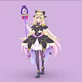 Anime Woman In Elegant Black Pink Costume With Magic Wand And Long Hair