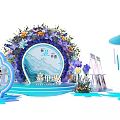 Interactive Area Featuring Floral Decorations Blue Theme Stage And Umbrella Decorations 3d model