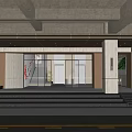 Modern Elevator Lobby With Glass Doors Marble Columns Lighting And Green Plants