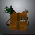 Orange Leather Adventurous Backpack With Green Plants Small Bottles And Paper Roll