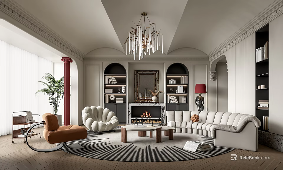 Elegant Living Room With Chandelier Arched Structures Bookshelves Fireplace Sofa And Armchair 3d model 