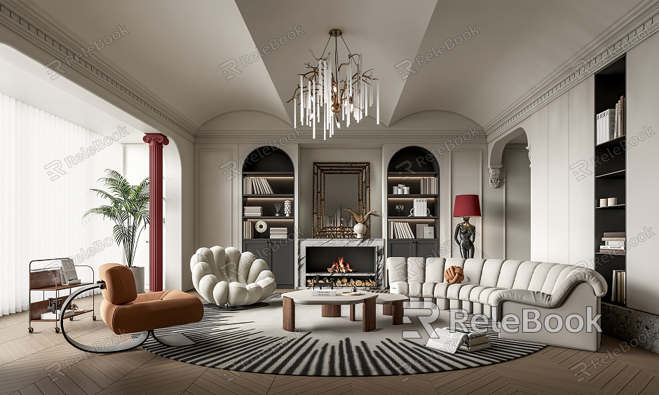 French living room sofa coffee table combination fireplace chandelier gypsum line decorative mirror carpet model