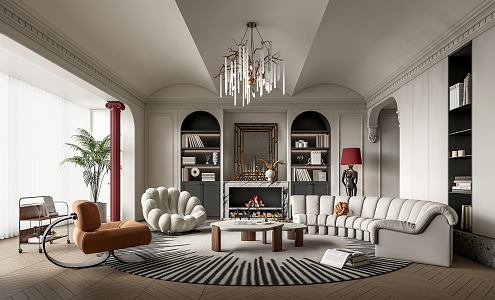 French living room sofa coffee table combination fireplace chandelier gypsum line decorative mirror carpet 3d model