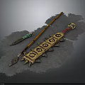 Ancient Wooden Spear Metal Dagger And Ornate Weapon On Leather Surface