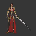 Fantasy Female Warrior Character With Elaborate Golden Red Armor And Long Sword