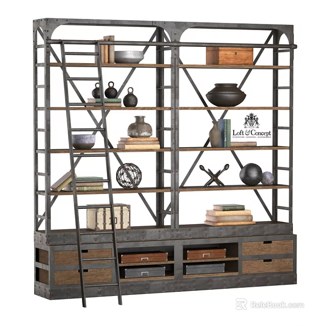 Industrial Style Metal Frame Shelf Unit With Wooden Shelves Drawers And Decorative Items 3d model 