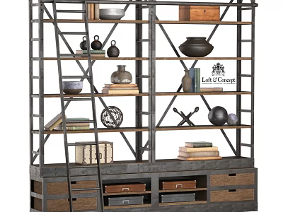 Industrial Style Metal Frame Shelf Unit With Wooden Shelves Drawers And Decorative Items 3d model