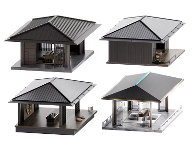 Modern Japanese style Garden Landscape With Wooden Pavilions Terraces And Seating Areas 3d model