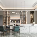 Modern Restaurant Interior Design With Marble Bar Wine Rack Pendant Lights And Green Chairs