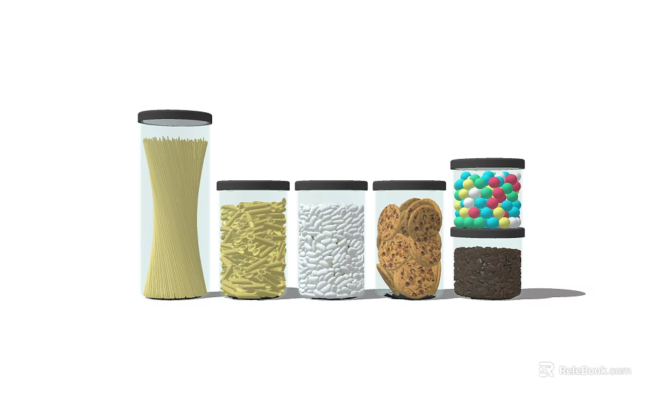 Assorted Food Storage Jars With Noodles Cookies Colorful Candies Different Sizes Shapes Black Lids 3d model 