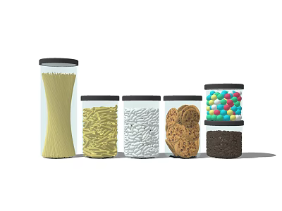 Assorted Food Storage Jars With Noodles Cookies Colorful Candies Different Sizes Shapes Black Lids 3d model
