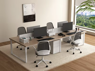 Modern Office Desk Setup With Multiple Computer Monitors Ergonomic Chairs And Window View Carpet 3d model