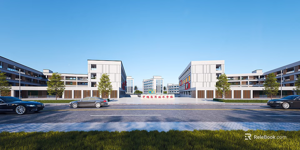 Modern Multi Story School Buildings With Spacious Square Trees And Car 3d model