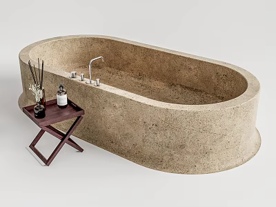 Oval Concrete Bathtub With Silver Faucet And Wooden Side Table 3d model