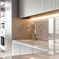 Modern Kitchen Interior Featuring Wooden Grey Striped And Silver Cabinets With Marble Countertop