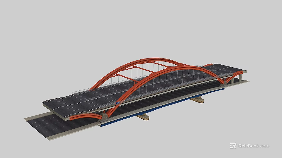 Modern Red Arch Bridge Design With Roadway And Steel Support Structure 3d model
