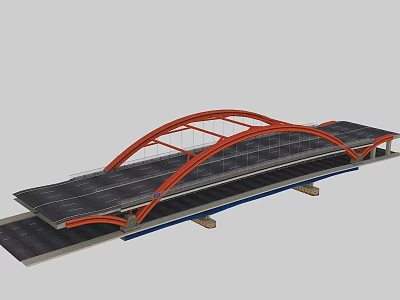 Modern Red Arch Bridge Design With Roadway And Steel Support Structure 3d model