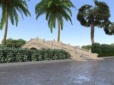 Garden Landscape Featuring Stone Arch Bridge Palm Trees Lush Bushes And Wet Pavement 3d model
