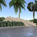 Garden Landscape Featuring Stone Arch Bridge Palm Trees Lush Bushes And Wet Pavement