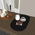 Stylish Teaware Set With Wooden Tray Black Tray Teapot Teacup Donuts And Coffee On Table