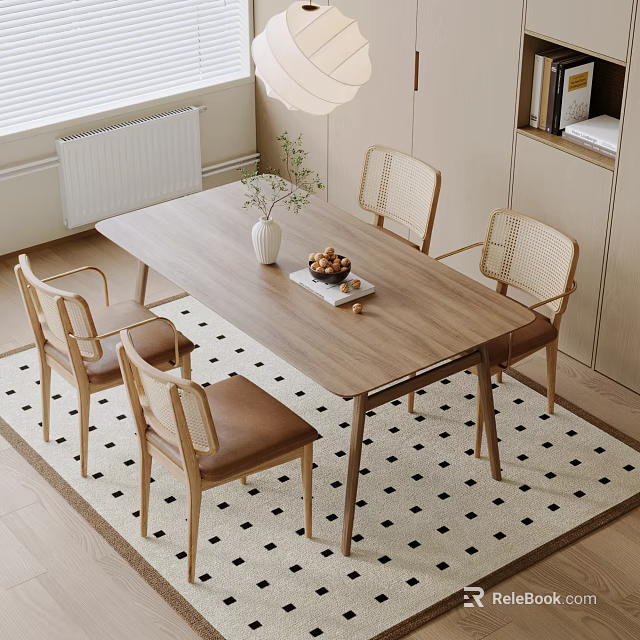 Modern Wooden Dining Table Set With Rattan Back Chairs And Fruit Bowl On Patterned Rug 3d model 