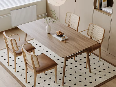 Modern Wooden Dining Table Set With Rattan Back Chairs And Fruit Bowl On Patterned Rug 3d model