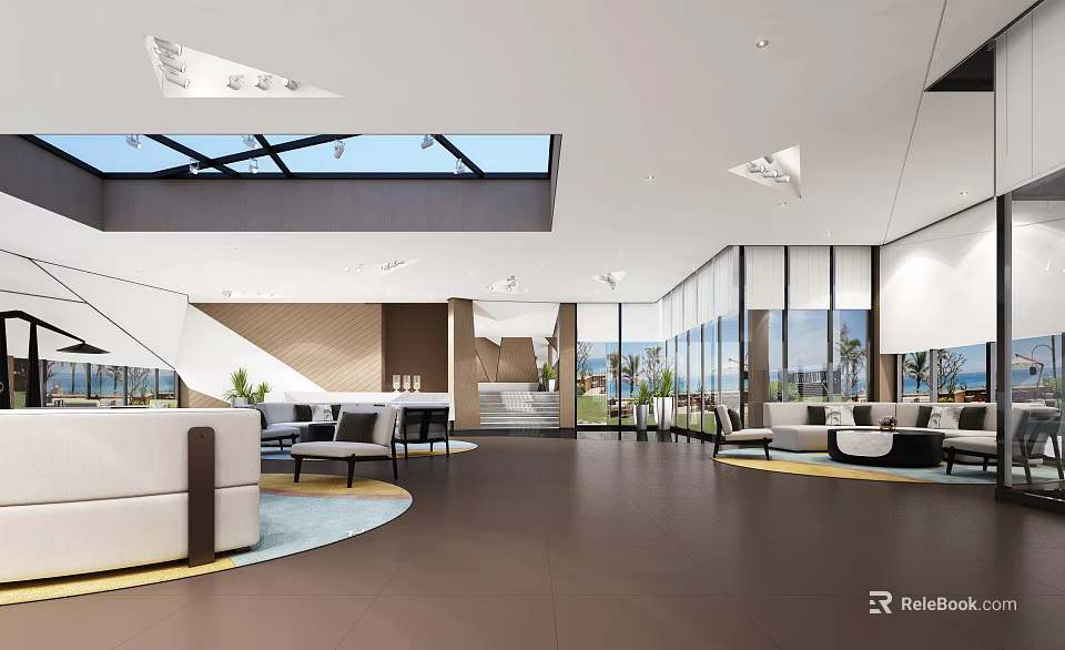 Modern Leisure Area Interior Design With Large Windows Skylight And Comfortable Sofas 3d model