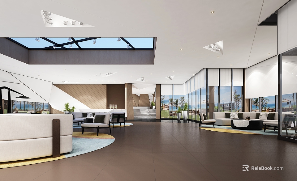 Modern Leisure Area Interior Design With Large Windows Skylight And Comfortable Sofas 3d model 