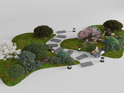 Lush Plant Combination with Flowering Trees Shrubs Green Plants Small Lamps and Stone Path 3d model