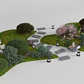 Lush Plant Combination with Flowering Trees Shrubs Green Plants Small Lamps and Stone Path