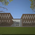 Modern School Building With Wooden Facade Numerous Windows Central Entrance Green Lawn And Trees