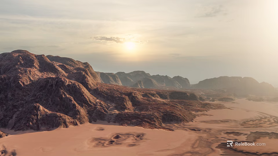 Scenic Desert Landscape With Rugged Mountain Range And Golden Sunset Sky 3d model 