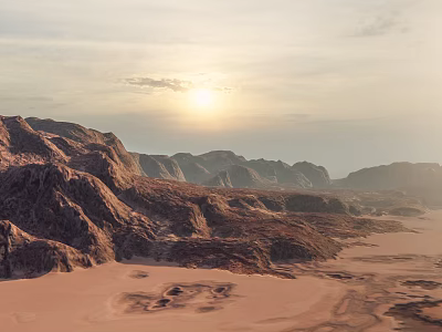Scenic Desert Landscape With Rugged Mountain Range And Golden Sunset Sky 3d model